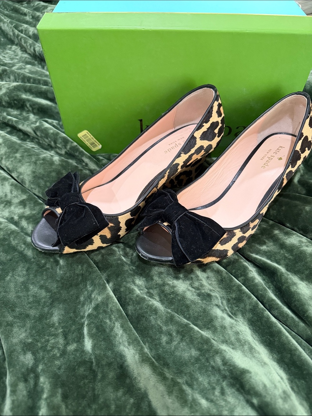 kate spade Leopard Print Peep-Toe Bow Heels in Black and Tan